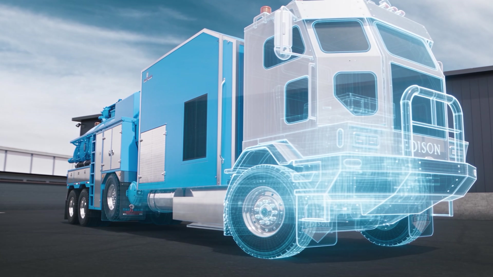 3D rendering of the hybrid hydrovac truck, half shown as a see-through wireframe